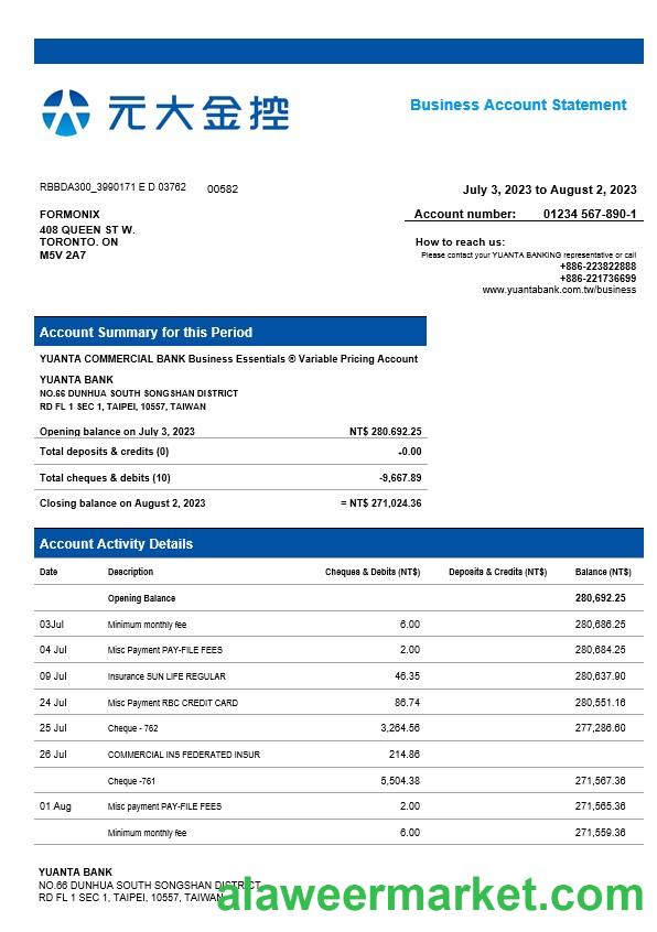 Yuanta Securities Bank organization account statement Word and PDF template